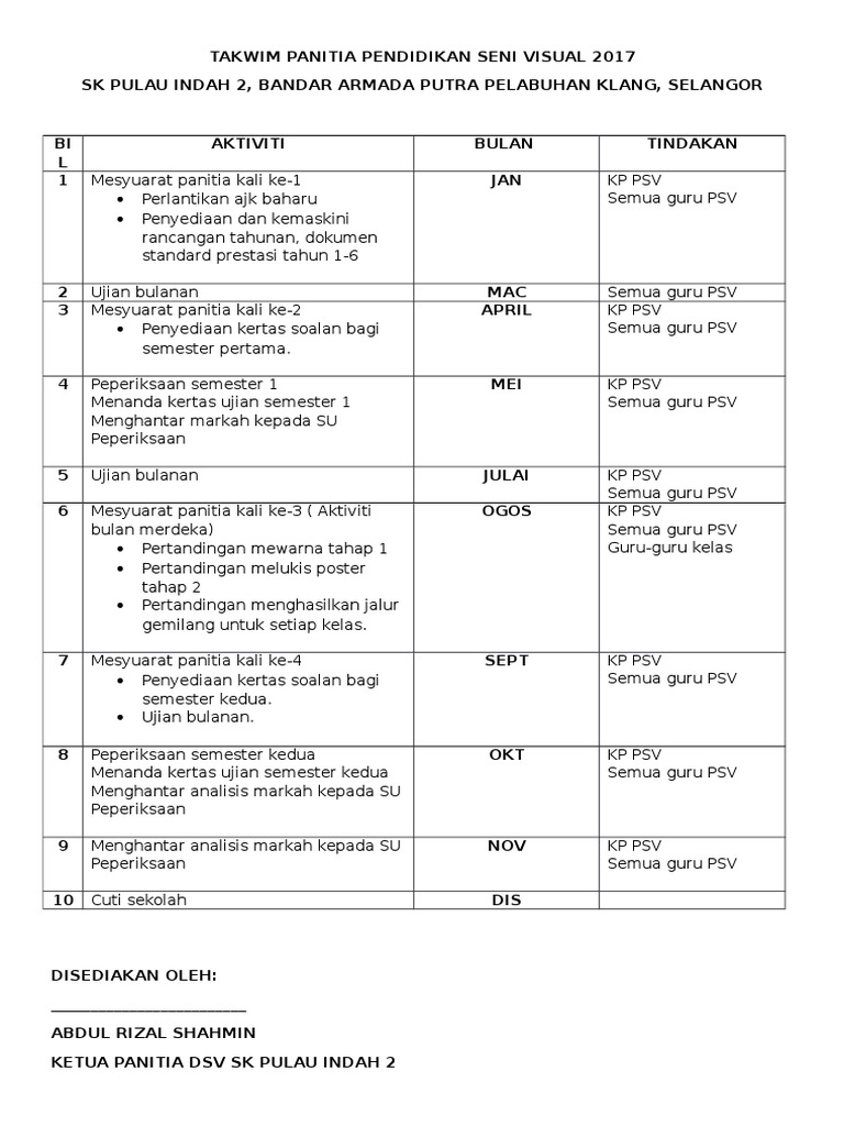 Takwim Panitia Pendidikan Seni Visual 2017 Pdf