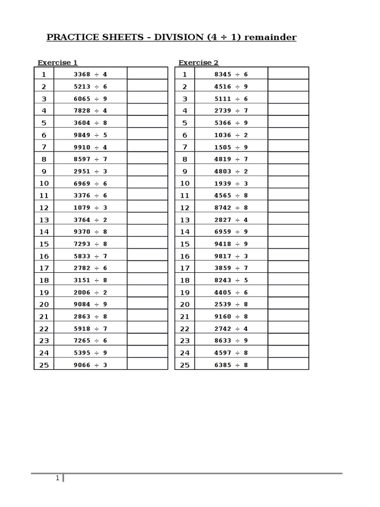 Practice Sheets - Division 4 by 1 | PDF | Teaching Methods & Materials ...