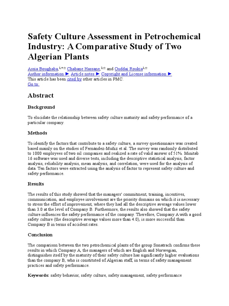 Safety Culture Assessment In Petrochemical Industry Download Free Pdf