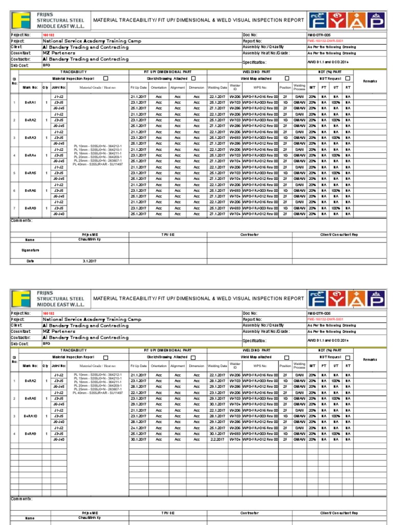Material Traceability/ Fit Up/ Dimensional & Weld Visual Inspection Report