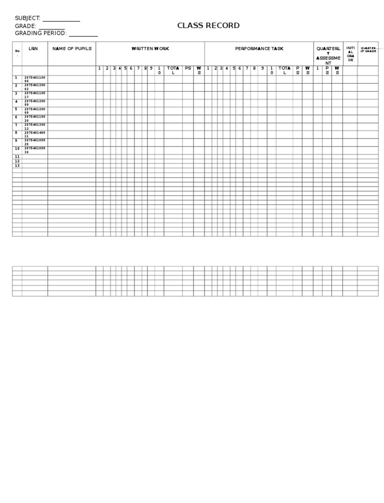 Class Record: SUBJECT: - GRADE: - GRADING PERIOD | PDF