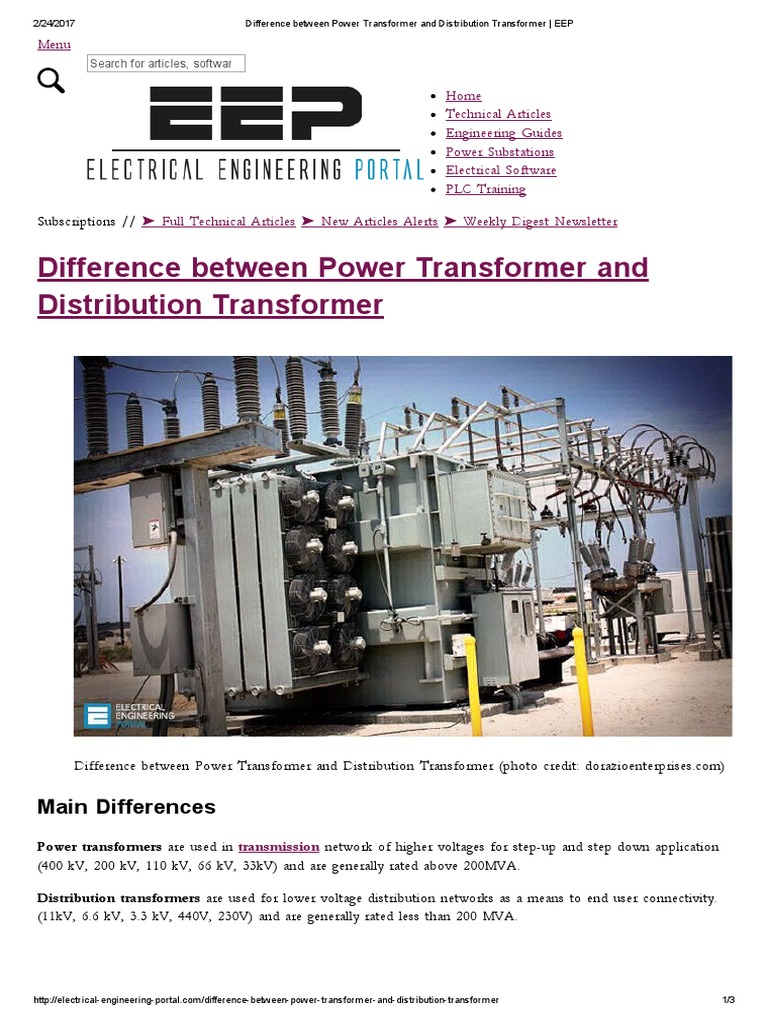 Difference Between Power Transformer and Distribution Transformer - EEP, PDF, Electric Power Distribution