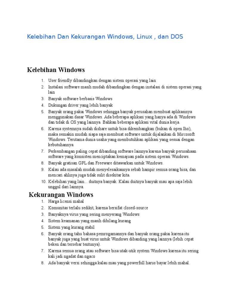 Kelebihan dan Kekurangan OS: Windows, Linux, DOS | PDF