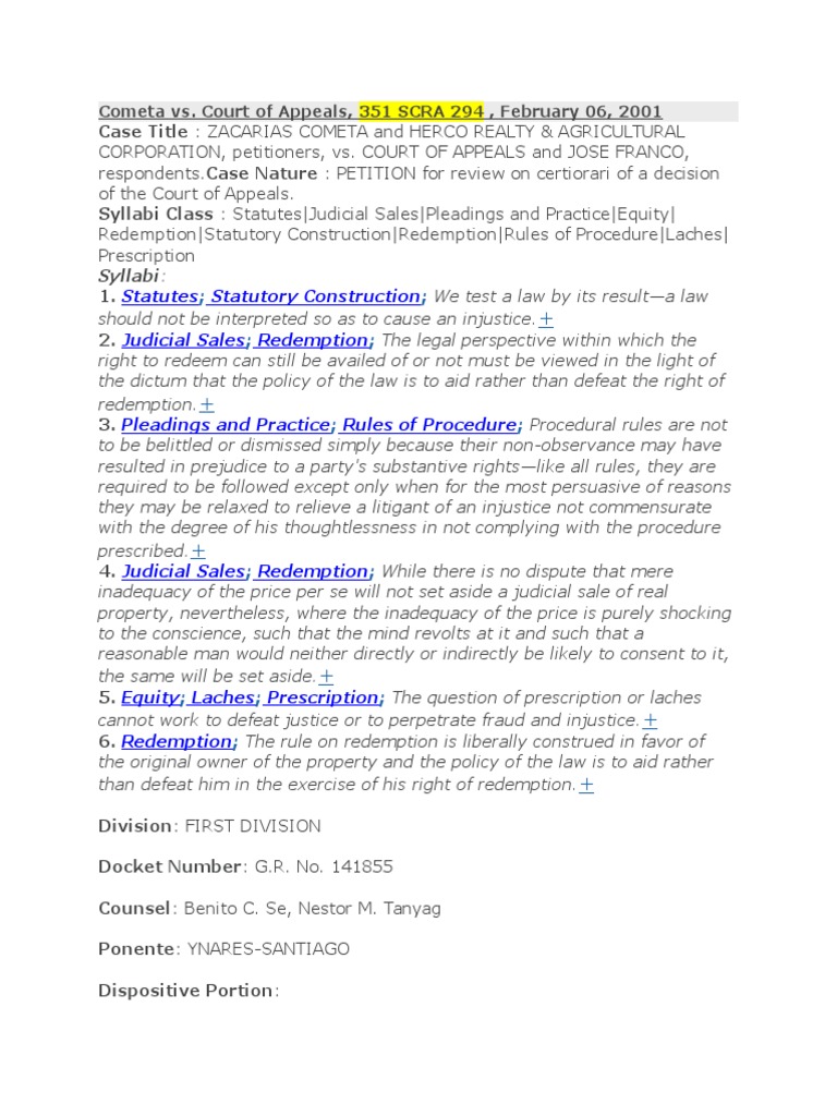 Cometa vs. CA 351 Scra 294 PDF Laches (Equity) Equity (Law)