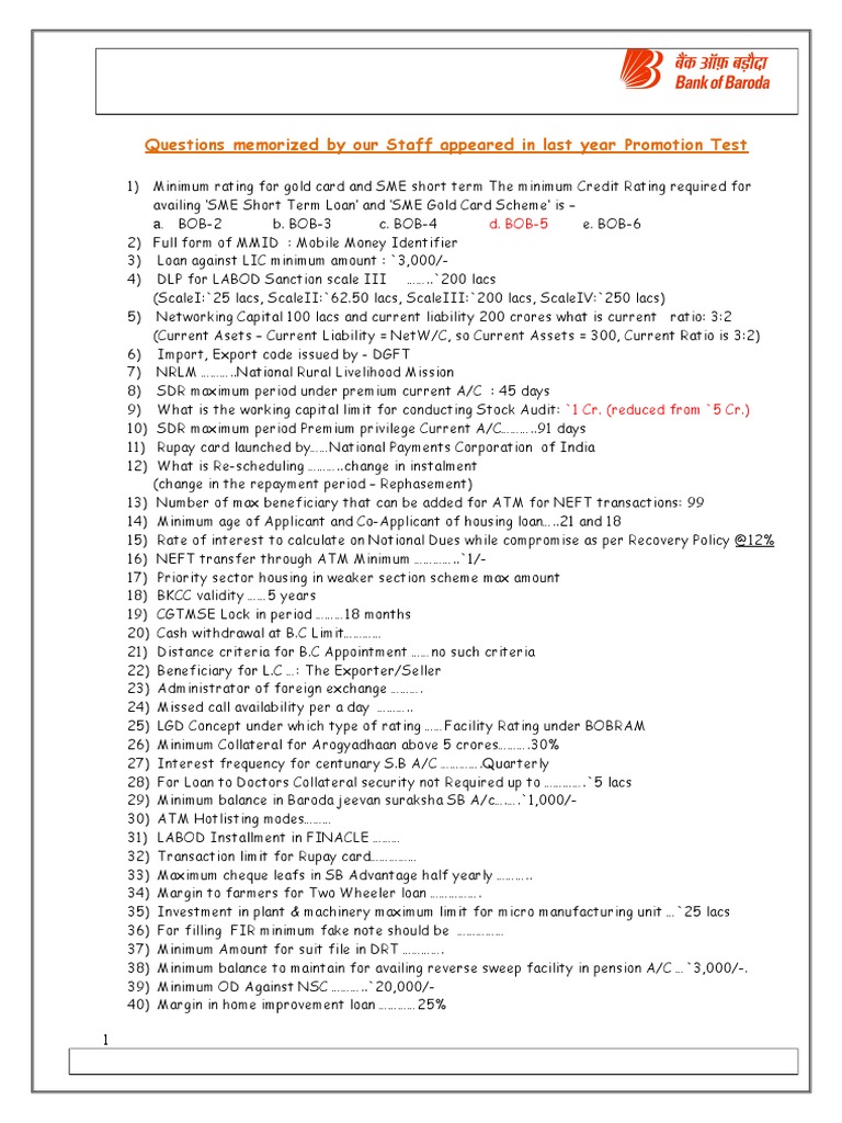 Promotion Test Questions %282015%29 | Loans | Credit (Finance)