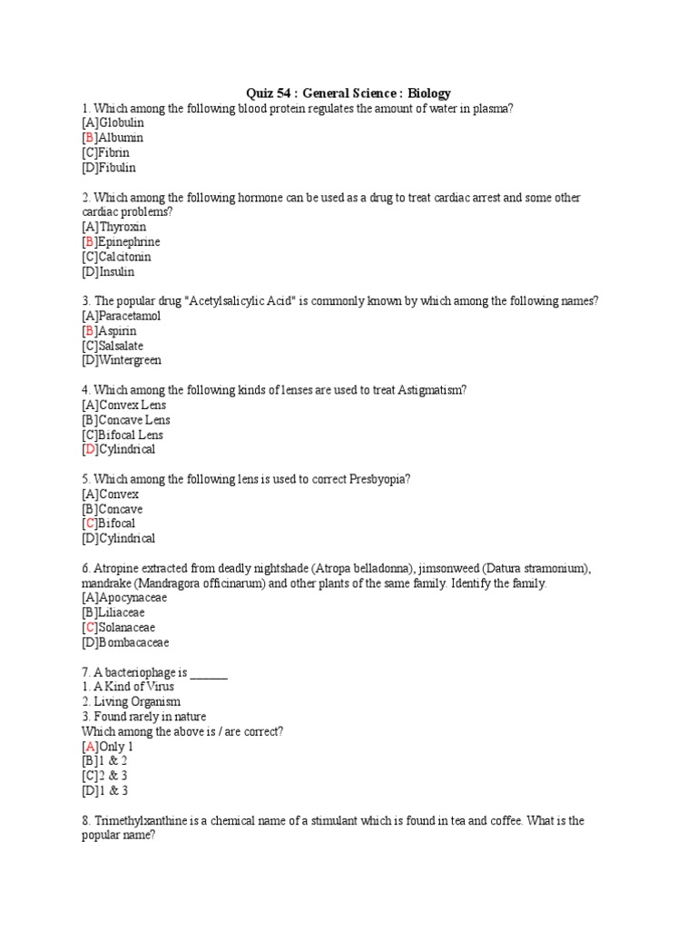 General Science Biology Quiz 54 | PDF | Cell (Biology) | Tuberculosis