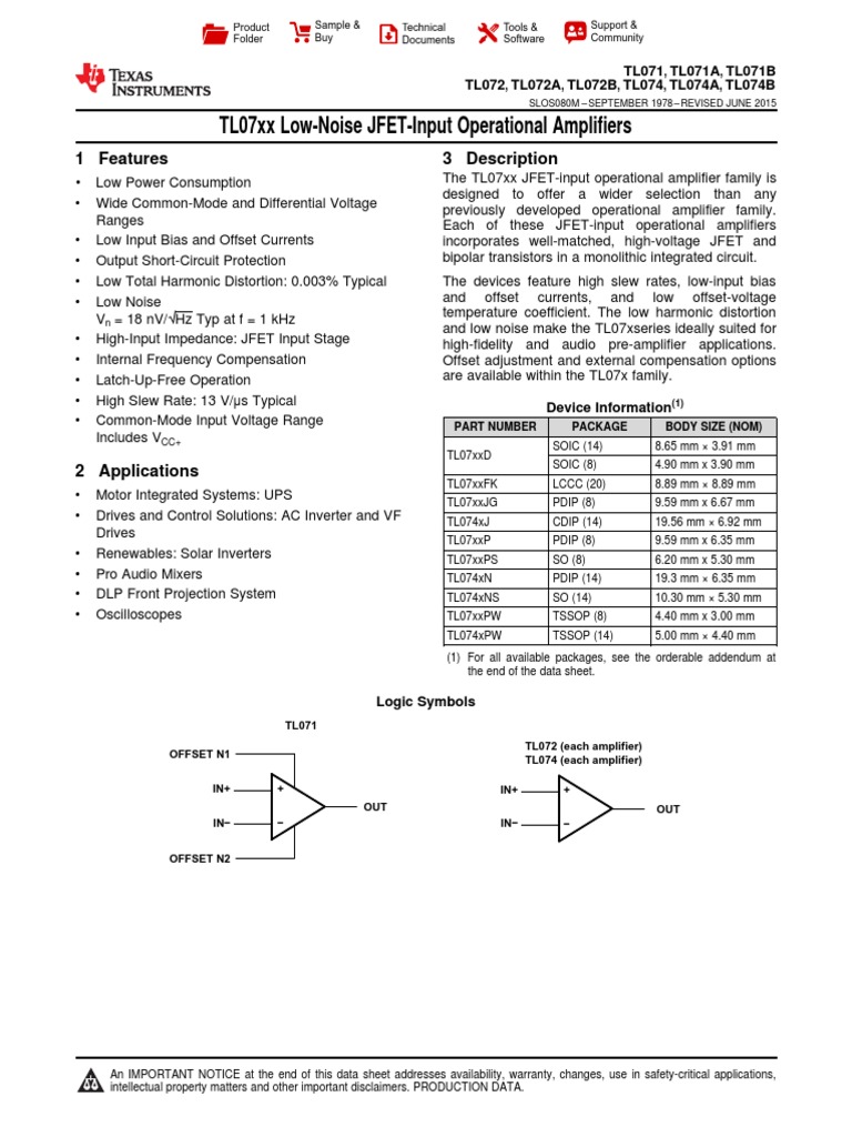 TL072 Low-Noise Op-Amp Datasheet | PDF | Amplifier | Operational Amplifier