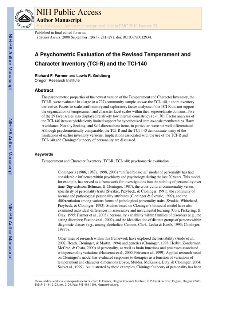 Psychometric Analysis of TCI-R & TCI-140 | PDF | Psychology ...