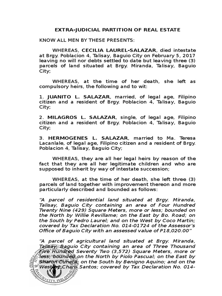 Extra Judicial Partition of Real Estate Social Institutions Social