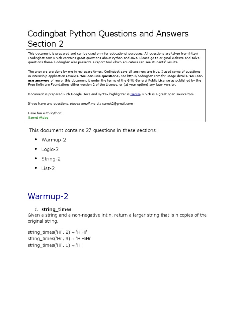 Codingbat Python Questions and Answers Section 2: Warmup-2 | PDF ...