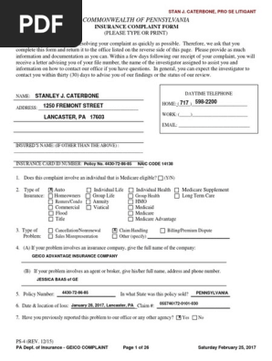 PENNSYLVANIA DEPARTMENT OF INSURANCE COMPLAINT re STAN J. CATERBONE GEICO CLAIM NUMBER – 055746172-0101-030 - with AFFIDAVIT February 25, 2017