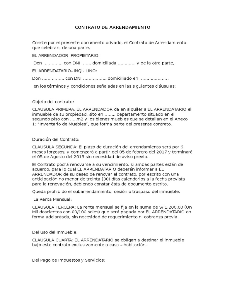 Modelo De Contrato De Arrendamiento Con Clausula De Desalojo