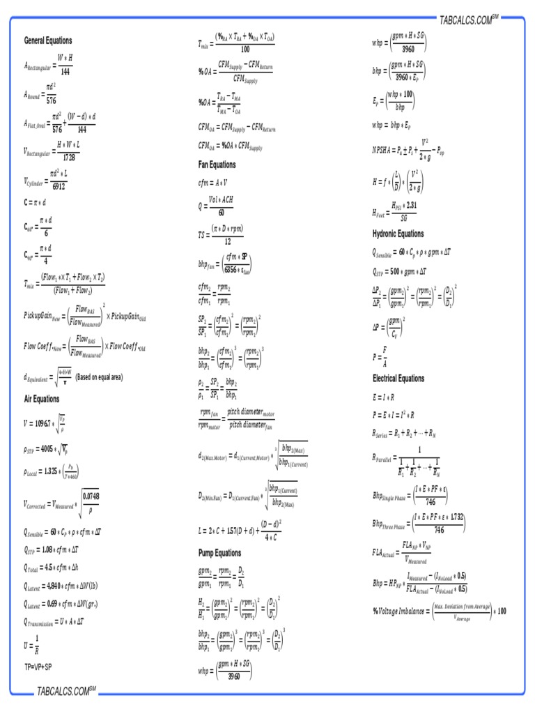 Air Balance Equation Sheet | Horsepower | Pressure