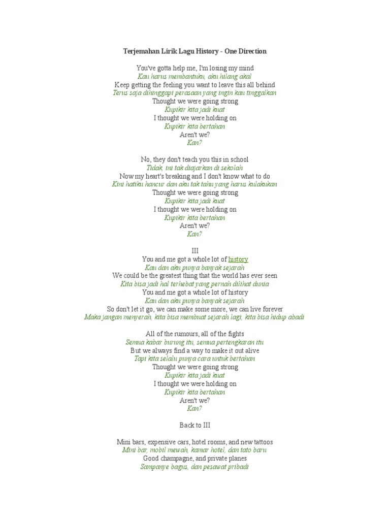 Terjemahan Lirik Lagu History One Direction