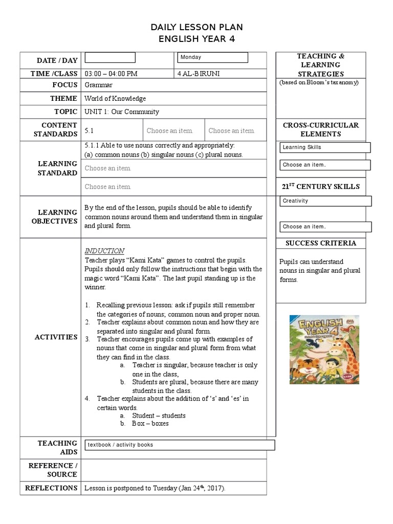 Daily Lesson Plan English Year 4: Choose An Item. Choose An Item | PDF ...