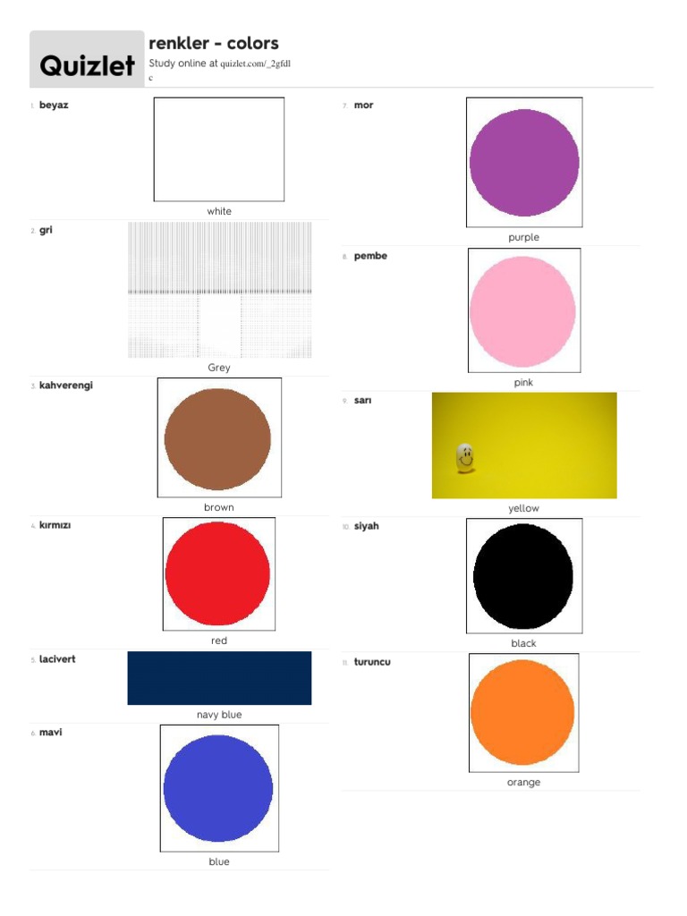 Turkish Color Vocabulary List | PDF