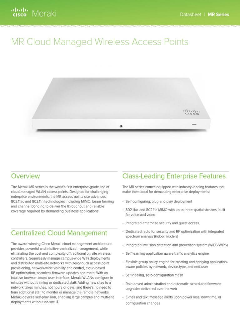 Meraki MR Series Access Points Datasheet | PDF | Virtual Private ...