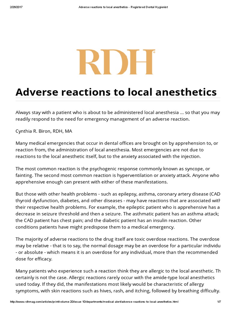 Adverse reactions to local anesthetics Registered Dental Hygienist