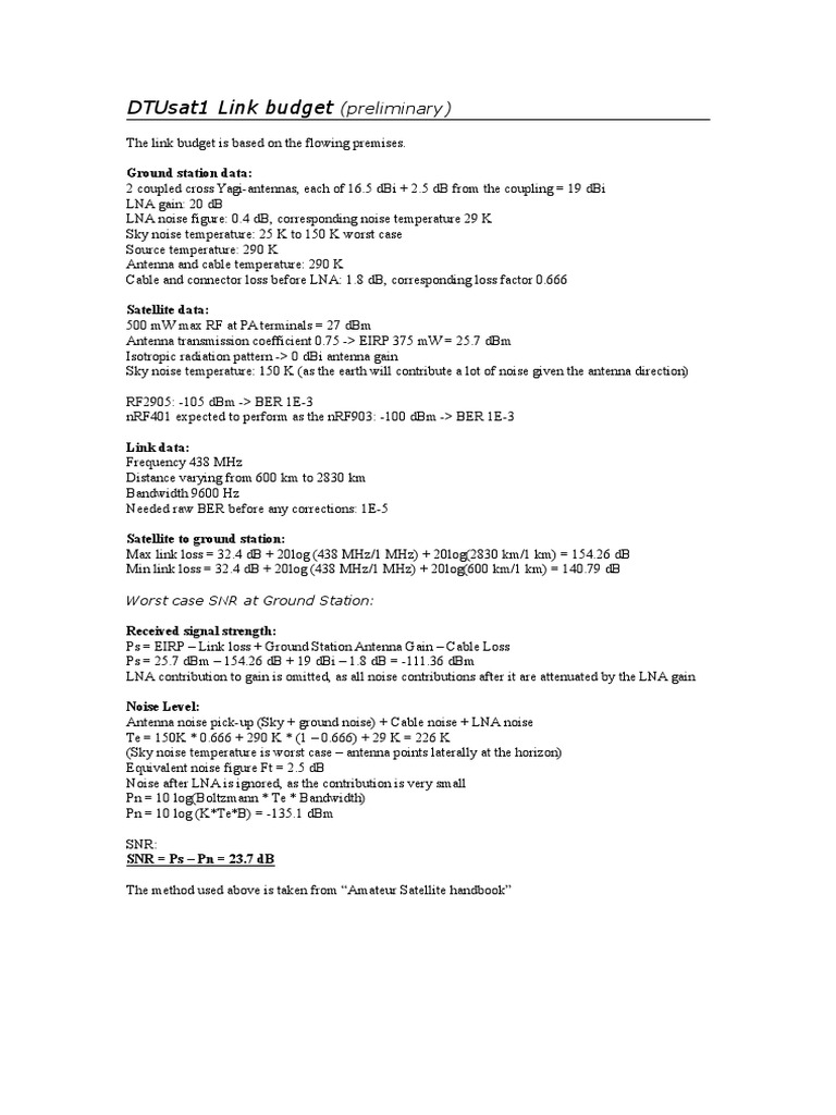 DTUsat1 Preliminary Link Budget Analysis | PDF