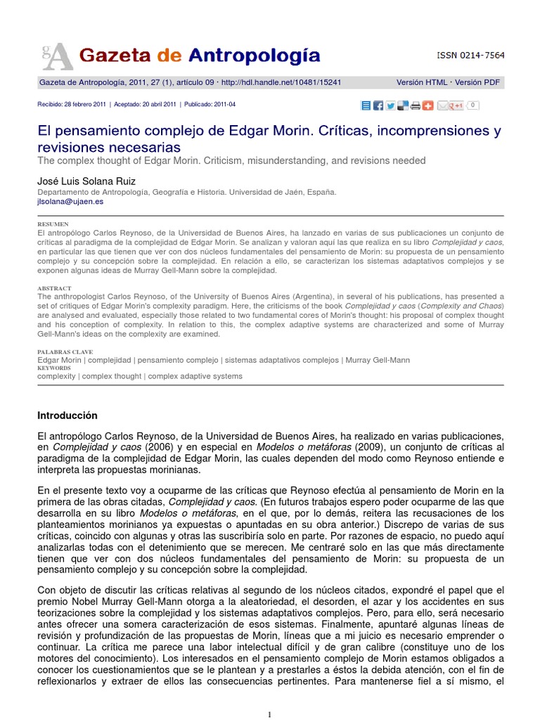 Críticas Al Paradigma de La Complejidad de Edgar Morin PDF | PDF ...