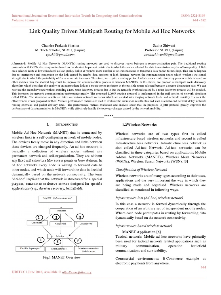 Link Quality Driven Multipath Routing For Mobile Ad Hoc Networks | PDF ...