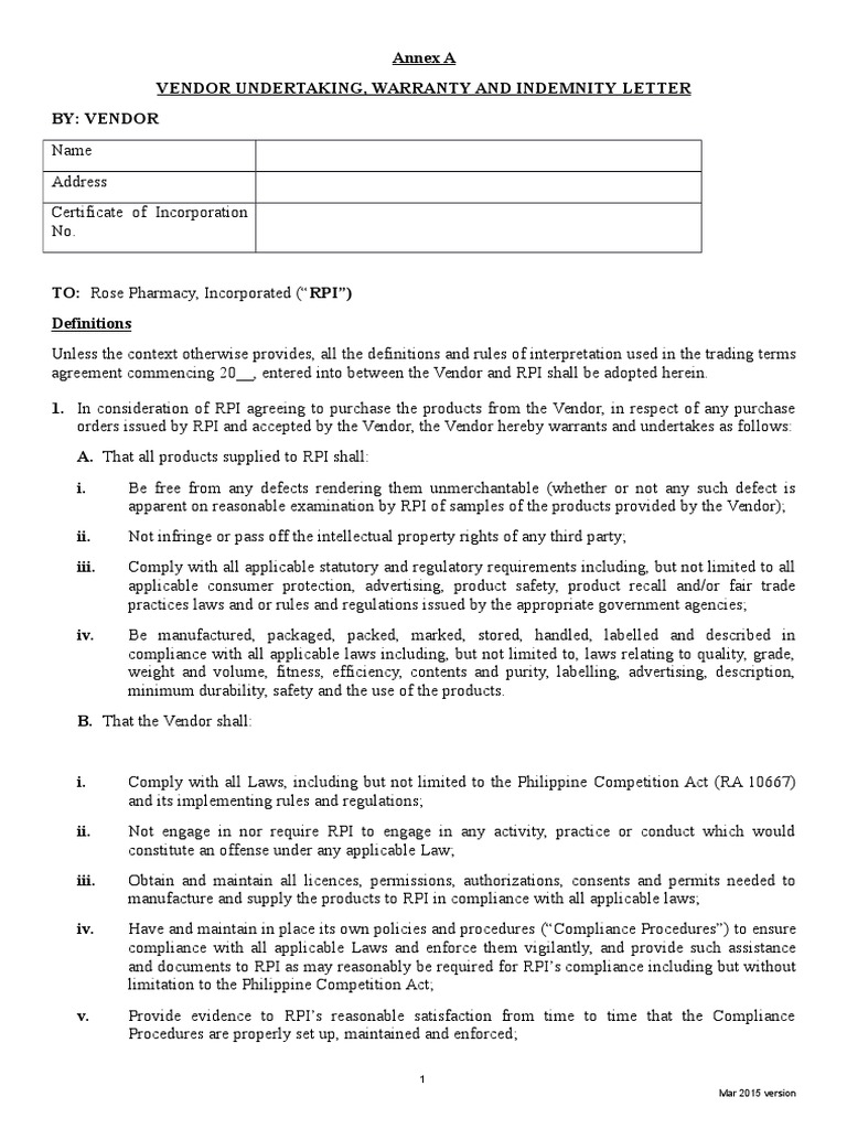 Supplier Undertaking Warranty and Indemnity Letter Updated 01252017