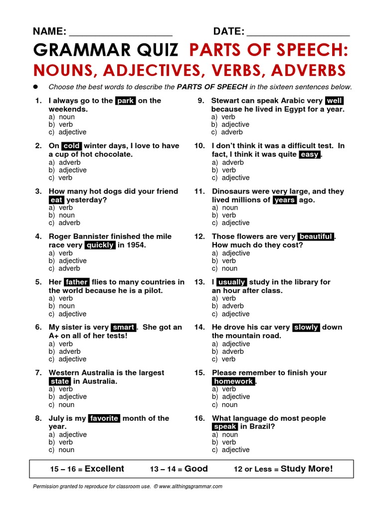 Atg Quiz Partsofspeech PDF  PDF  Adverb  Adjective Intended For Part Of Speech Worksheet Pdf