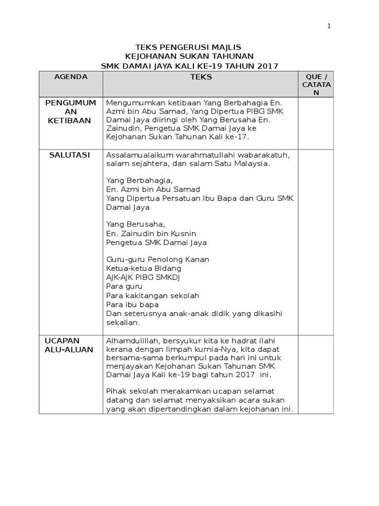 Teks Pengacara Majlis Sempena Kejohanan Sukan Tahunan 2017 | PDF