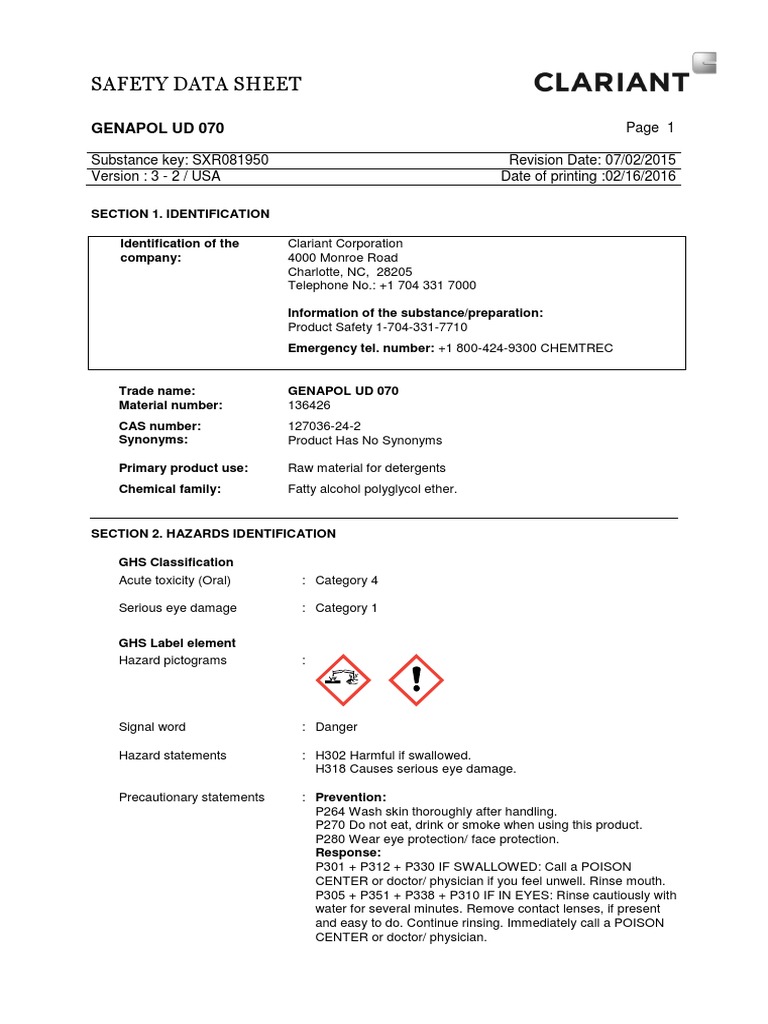 Msds_genapol Ud 070 Toxicity Personal Protective