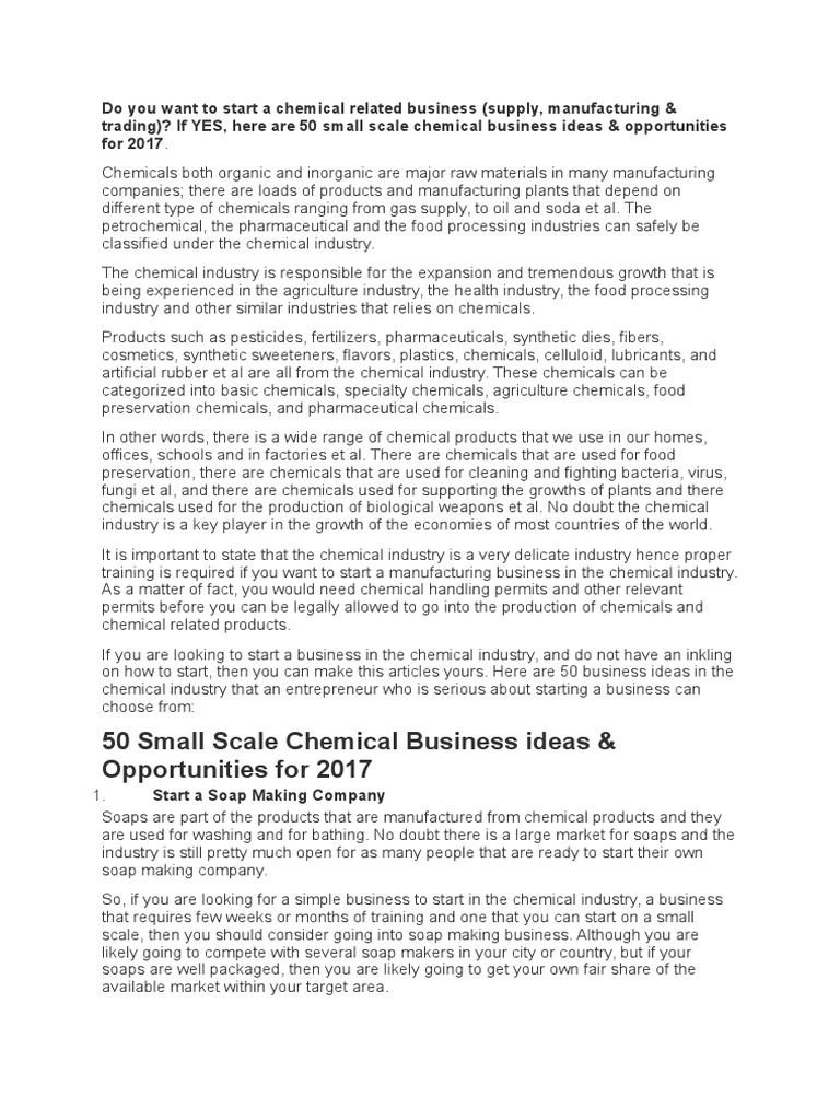 50 Small Scale Chemical Business Ideas For 2017 PDF Chemical Industry Retail