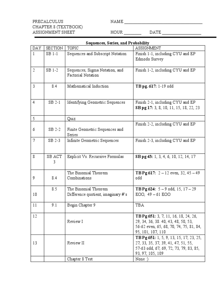 Precalculus Chapter 8 Assignment Guide | PDF | Science & Mathematics ...