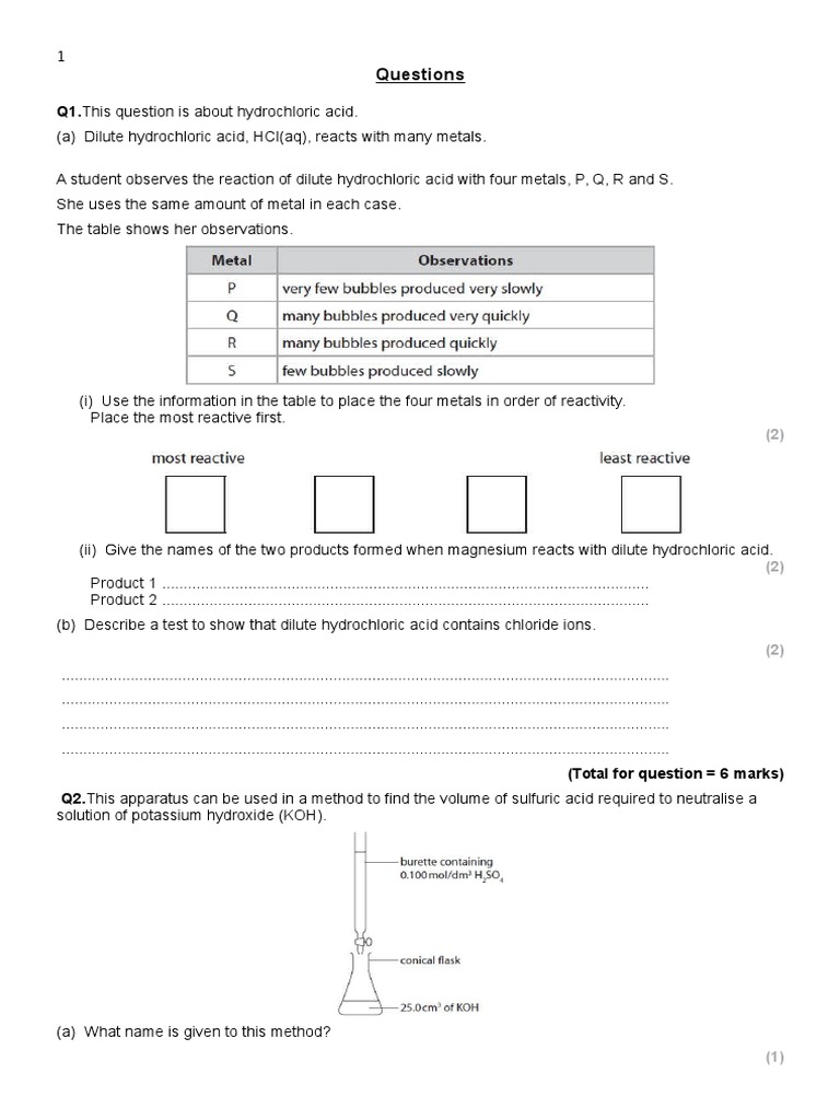 Acids And Bases And Reactivity Series Worksheet Acid Chemical Reactions