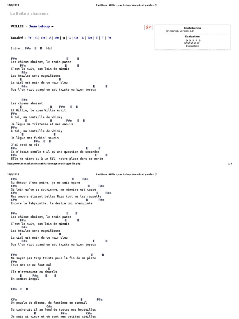 Je T aimais Je T aime Et Je T aimerai Tab Pdf Partitions - Willie - Jean Leloup (Accords Et Paroles ) PDF | PDF | Loisirs  | Divertissement (Général)