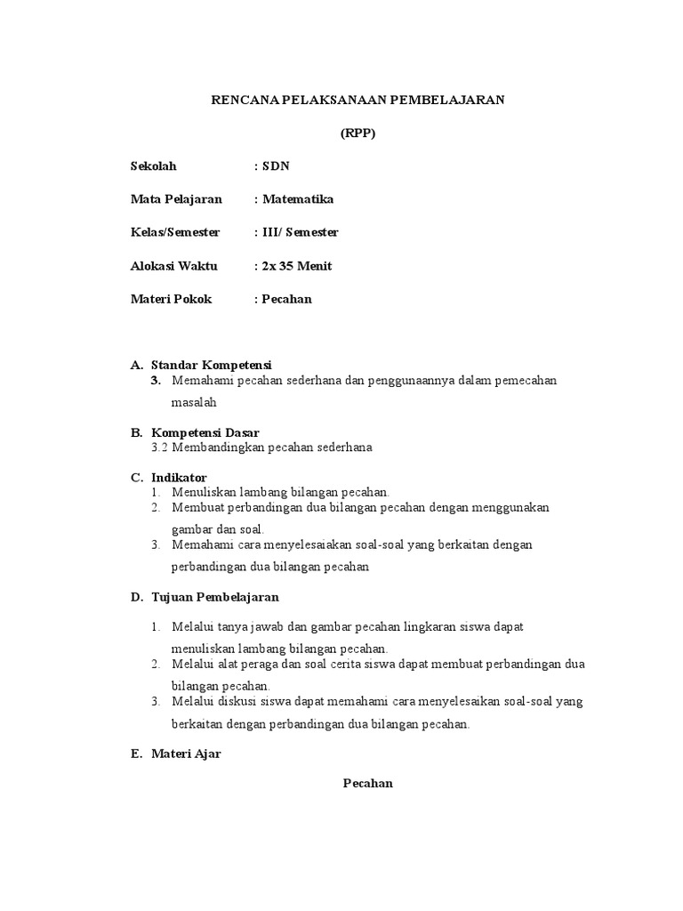 Rpp Matematika Kelas 3 Pecahan