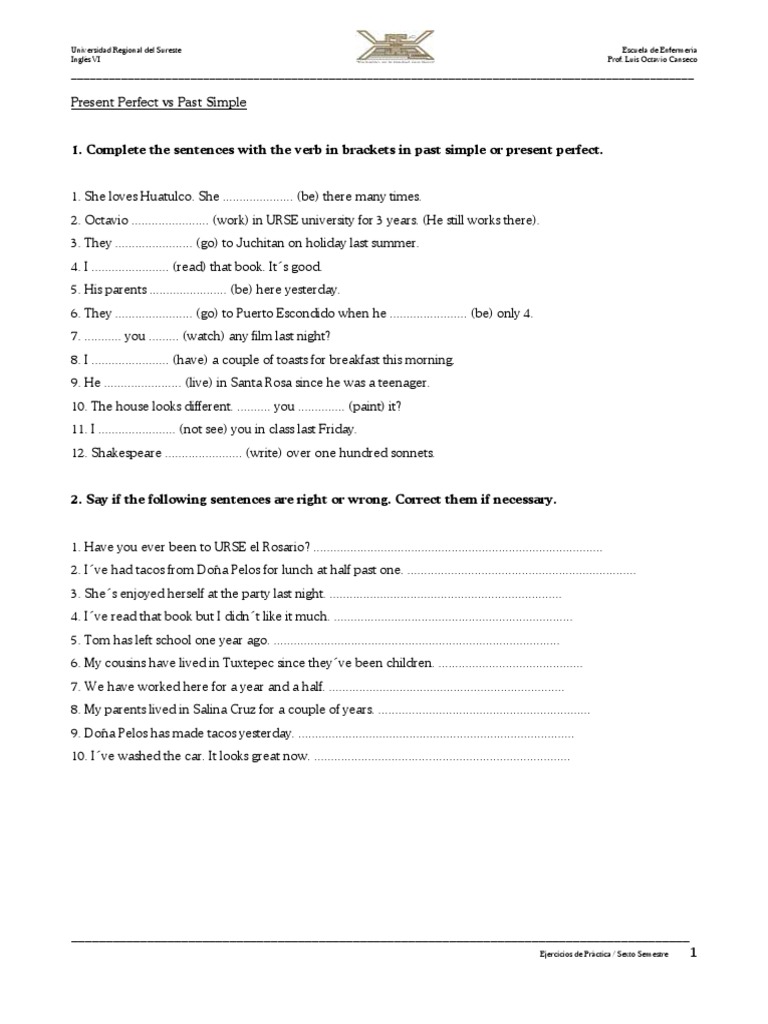 Present Perfect vs Past Simple Exercises | PDF