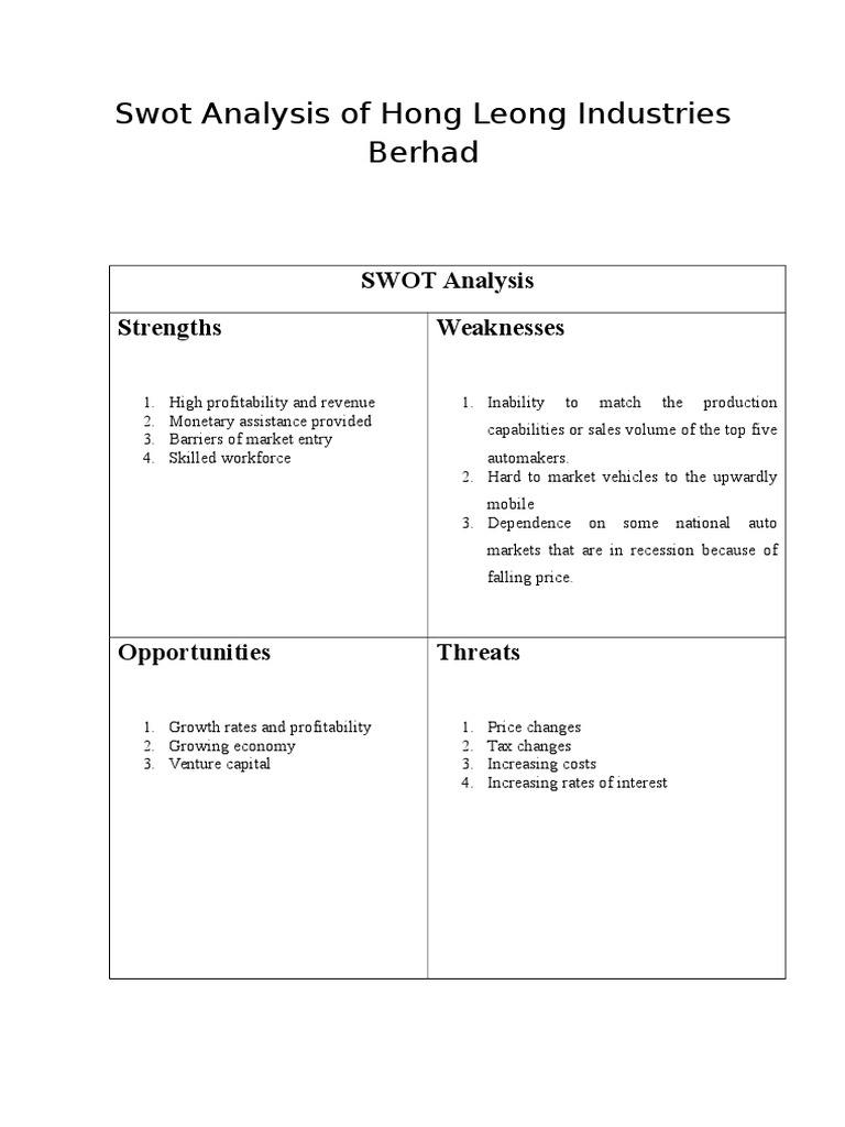 Swot Analysis Of Hong Leong Financial Group Pdf Strategic Management Economic Growth