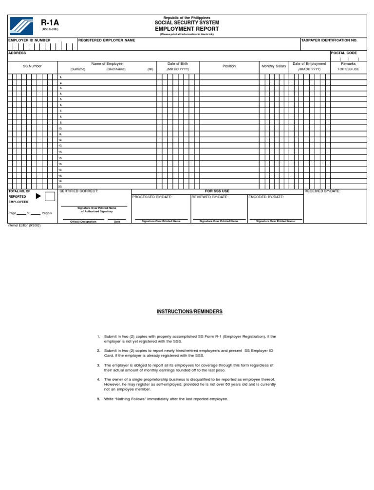 SSS R-1A Employment Report Form | PDF | Employment | Government