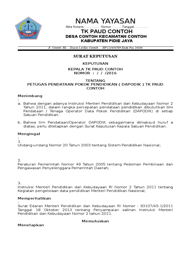 Contoh Sk Operator Dapodik Paud Docx
