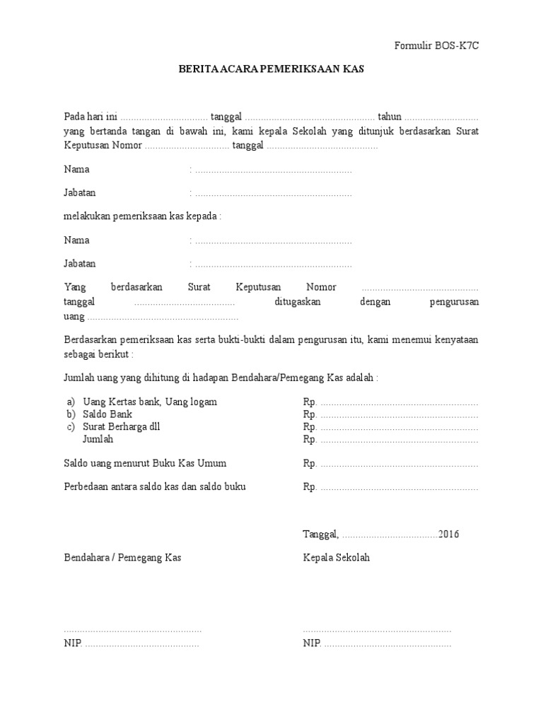 Formulir BOS-K7C Berita Acara Pemeriksaan Kas
