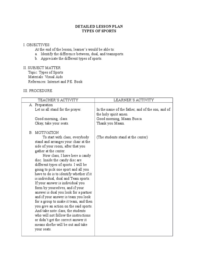 Detailed Lesson Plan Lesson Plan Sports