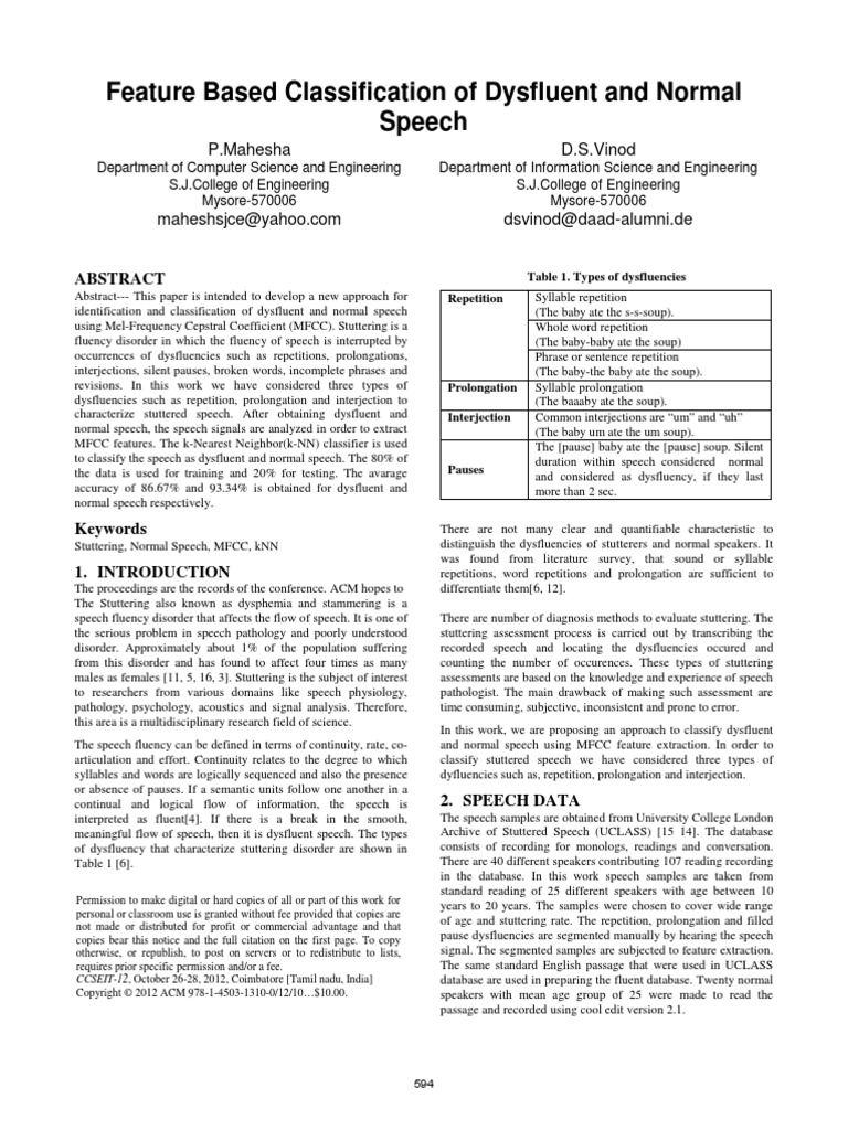 Feature Based Classification of Dysfluent and Normal Speech: P.Mahesha ...