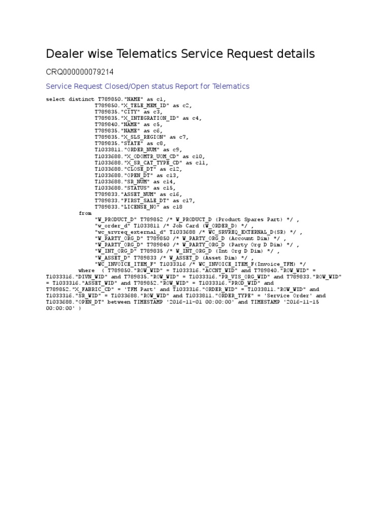 Telematics Service Request Report | PDF