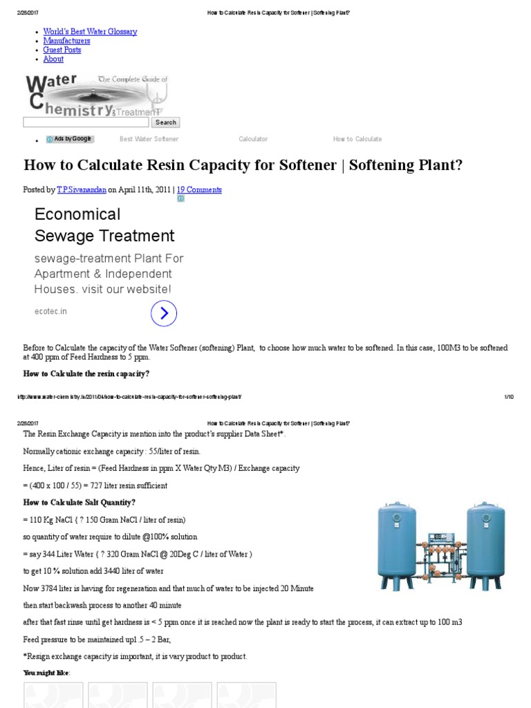 How to Calculate Resin Capacity for Softener _ Softening Plant Sodium