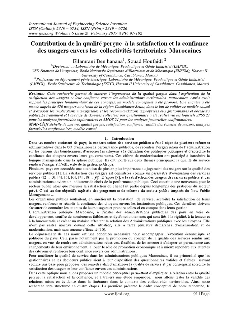 Contribution de La Qualité Perçue À La Satisfaction Et La Confiance Des ...