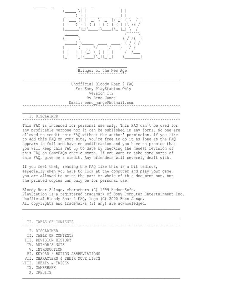 Move List Bloody Roar 2 | PDF | Leisure | Computing And Information  Technology