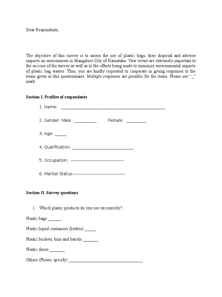 Questionnaire Plastic Waste PDF Plastic Waste Management