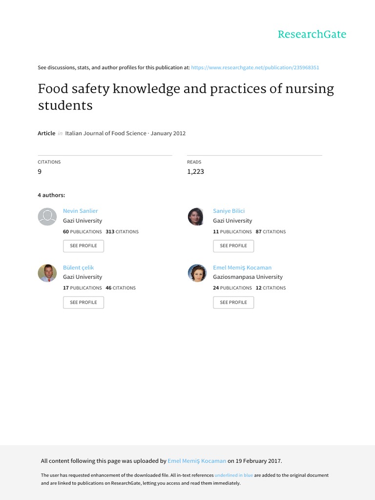 Food Safety Knowledge in Nursing Students | PDF | Foodborne Illness ...