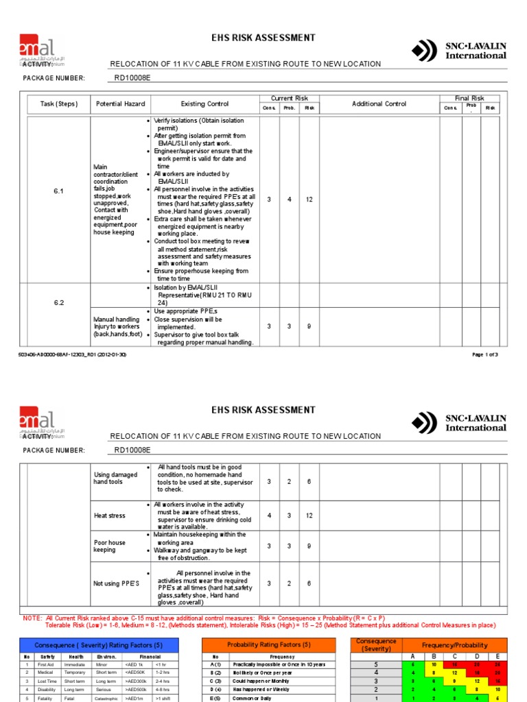 EHS Risk Assessment for Cable Relocation | PDF | Personal Protective ...