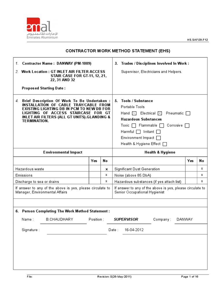 Risk Ass. - PM - 1009 - INSTALLATION OF CABLE TRAY AND CABLE BETWWEN ...