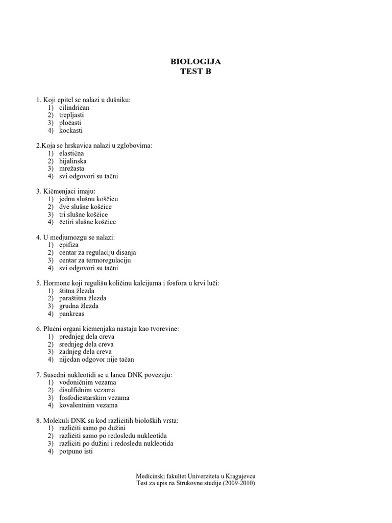 Medicinski Fakultet Kragujevac Fizioterapeut Test B Pitanja I